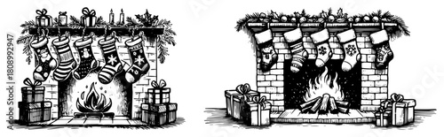 Hand Drawn Christmas Fireplace With Hanging Stockings And Gift Boxes Vector Sketch
