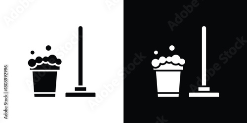 Mop cleaning icon in glyph shilhouette black and white colors