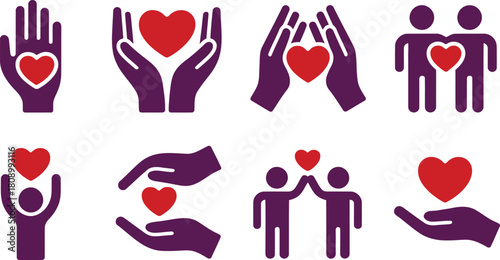 Charity and empathy icon set. Purple and red volunteer, adoption, help, care and support icon vector