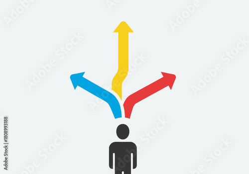 Decision-making concept with person and three colorful arrows