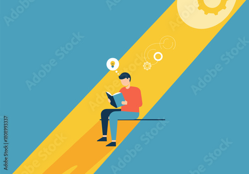 Man reading book in sunbeam: concept of learning and creativity