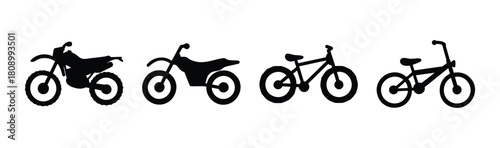 Silhouettes of dirt bikes and bicycles for transportation