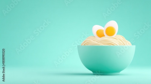 A bowl of pasta with two eggs on top