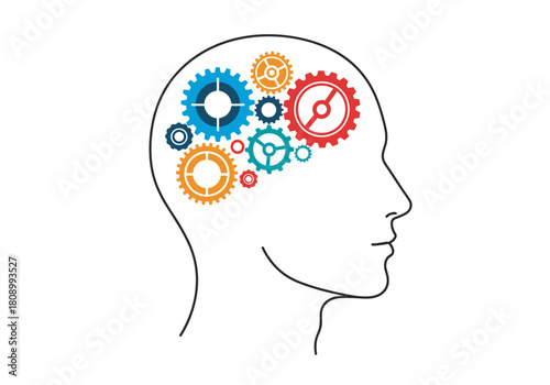 Outline of human head with colorful brain gears representing creative thinking