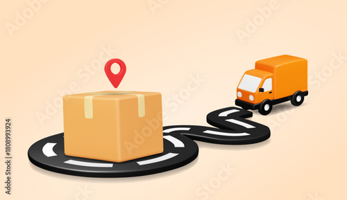 3D vector illustration rendering of e-commerce logistics concept. Online parcel tracking and real-time delivery from distribution center with tracking route and map. Truck location and map.