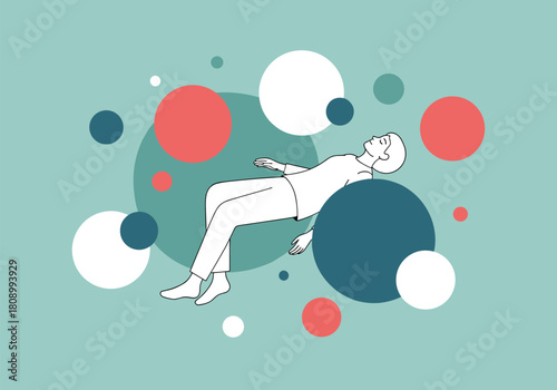 Relaxed figure floating among colorful geometric circles in minimalist style