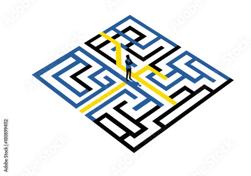 Navigating the complex maze: pensive figure in a modern isometric puzzle