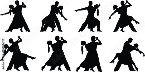 Dancing couple silhouettes, ballroom poses, Latin dance moves, elegant tango dip, romantic waltz figures, black vector icons, partner choreography
