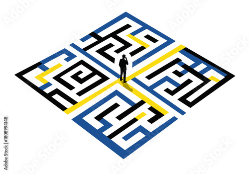 Person standing in 3d maze intersection with geometric paths