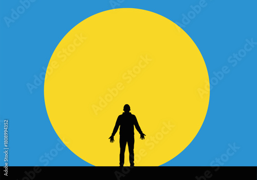 Silhouette of person against bright yellow sun and blue sky background