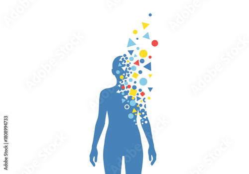 Human silhouette with abstract geometric shapes merging into creativity