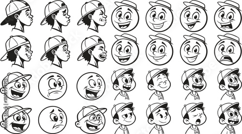 Collection of boys with diverse facial expressions, happy, sad, angry, surprised, confused, etc., variations include with hair, without hair, wearing caps or hats, different angle, Illustrator Artwork