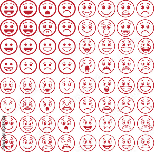Line-art flat emoji faces set with simple colorful smileys, including happy, sad, angry, surprised, and smile expressions, minimal modern style for digital graphics, and social Illustrator Artwork