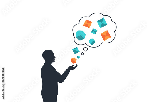 Silhouette of a man with geometric shapes in a thought bubble