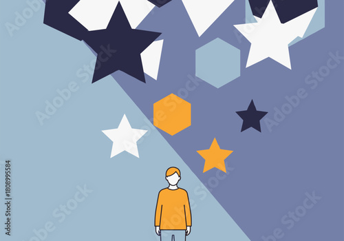 Geometric shapes and stars in a surreal sky with a solitary figure