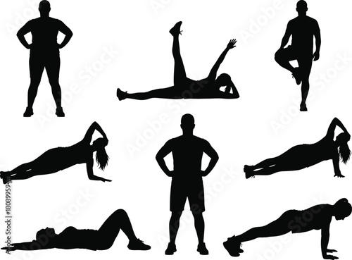 Fitness silhouette poses, bodyweight workout, exercise vector set, crunch plank push-up, tree pose balance, black human illustration design