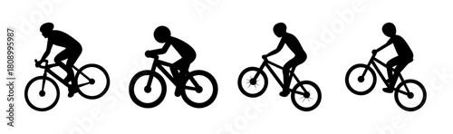 Bicycle riders in silhouette set, diverse cycling actions