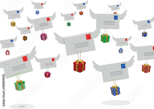 White cartoon cows wearing 3d glasses and falling gifts