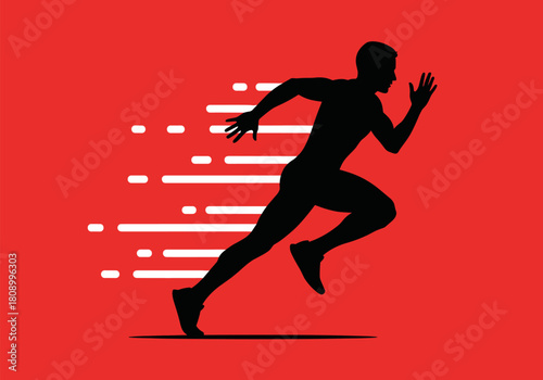 Silhouette of a sprinter running with speed lines on red background