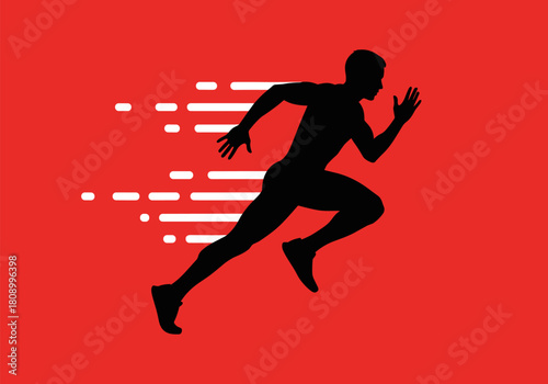 Dynamic silhouette of a runner on a bold red background with speed lines