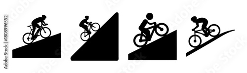 Bicyclist silhouettes navigating various slopes, icon set.
