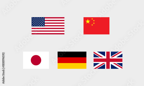 Flaggen der größten Volkswirtschaften – USA, China, Japan, Deutschland, Großbritannien (Originalseitenverhältnis, korrekte Farbdarstellung
