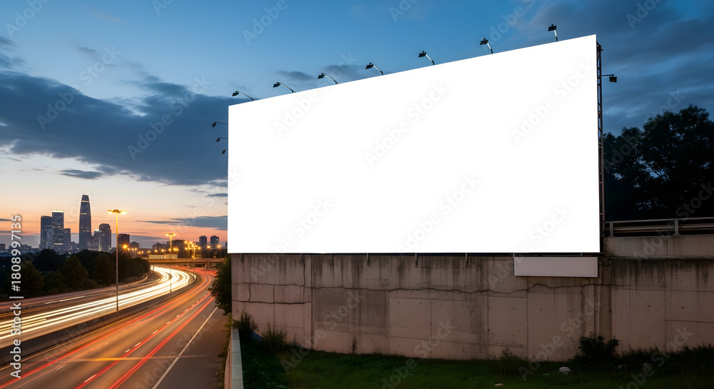 Obraz premium Blank billboard at dusk with city skyline and light trails from traffic