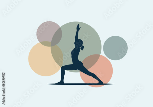 Yoga silhouette with colorful circles on minimalist background