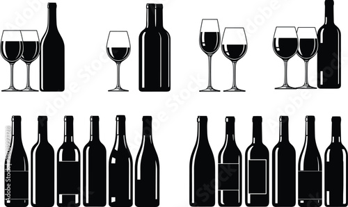 Set of black silhouettes of wine bottles and glasses, alcohol beverage icons for restaurant menu, isolated on white background, vector