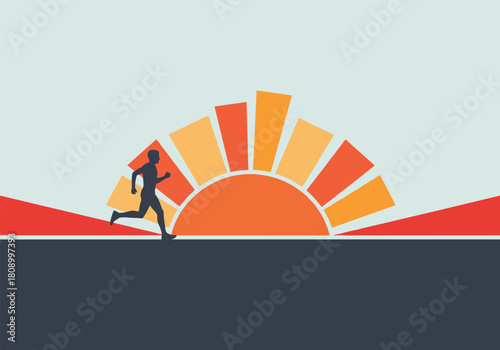 Silhouette runner at sunrise with colorful geometric sun rays