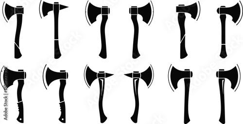 Set of black silhouettes of axes and hatchets, lumberjack wood chopping tools, isolated on white background, vector illustration collection