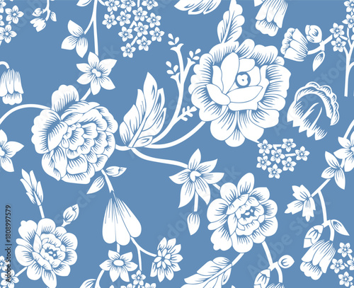 Detailed hand-drawn white florals arranged in an elegant seamless pattern. Ideal for textiles, fashion prints, wallpapers, packaging, and surface design projects. Classic vintage botanical style.