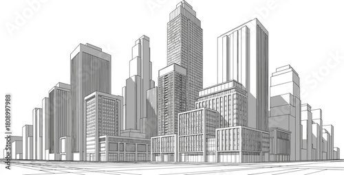 Architectural line drawing sketch of modern city skyline with skyscrapers, urban building design isolated on white background, vector illustration