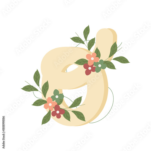 Illustration of the letter O in flat style, decorated with colorful flowers and green leaves, creating a delicate and botanical look. Ideal for monograms, invitations, and personalized stationery.