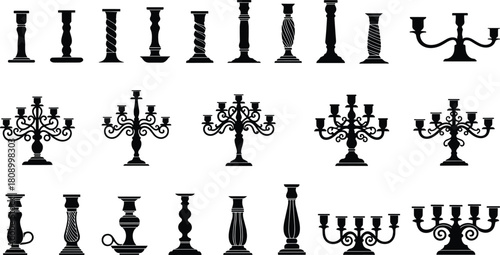 Collection of black silhouettes of vintage candlesticks and ornate candelabras, decorative candle holders set, isolated on white background, vector illustration