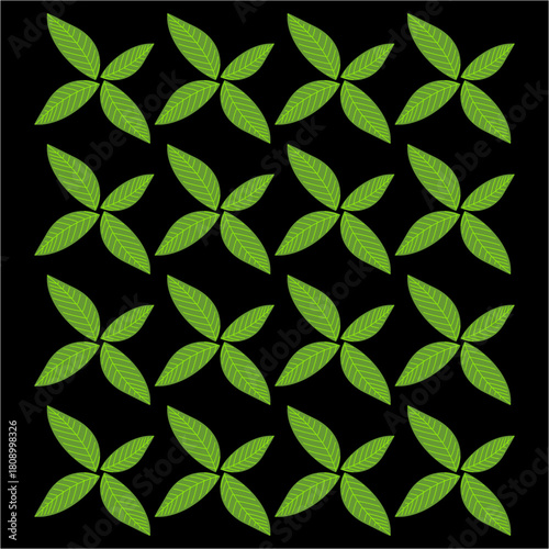 A repeating grid of bright green leaf clusters forms rotating pinwheel shapes, creating a fresh, nature-inspired pattern against a deep black background.