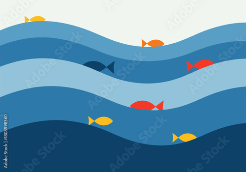 Colorful fish swimming in abstract waves design with a minimalist touch