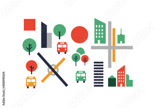 Geometric urban landscape with buildings and vehicles in flat style