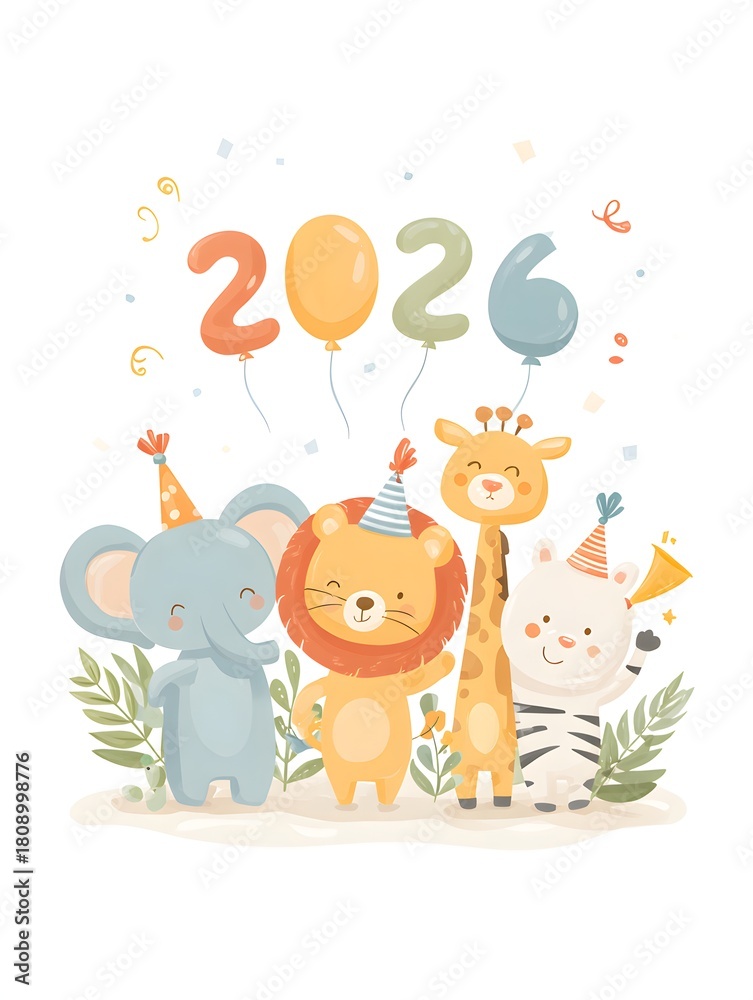 Fototapeta premium Cute Cartoon Animals Celebrating New Year 2026 with Balloons