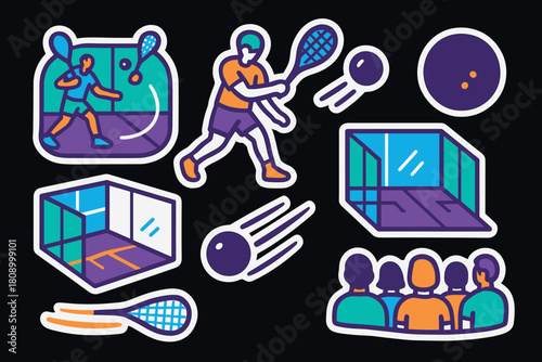 Colorful squash and racquet art with dynamic sports scenes in vibrant outline style