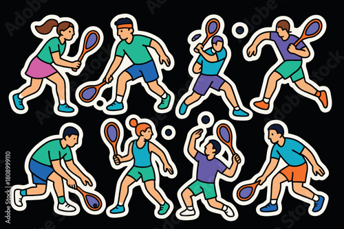 Tennis players stickers set featuring colorful cartoon characters in dynamic poses