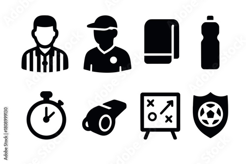 Essential sports icons: referee, coach, stopwatch, whistle, tactics, and more