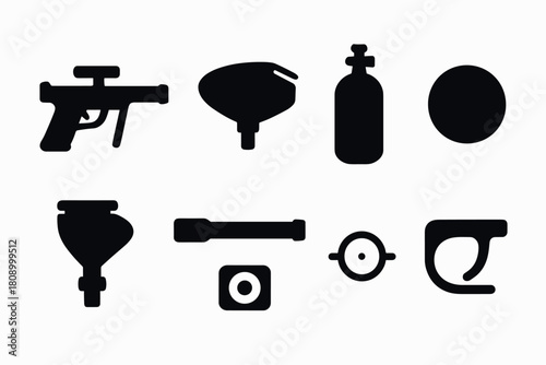 Silhouette set of paintball equipment icons for sports enthusiasts