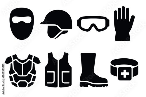 Essential silhouette icons of protective gear for outdoor and safety activities