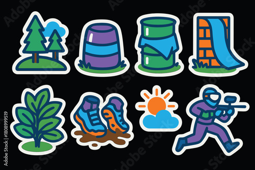 Colorful outdoor adventure sticker icons with paintball and nature themes