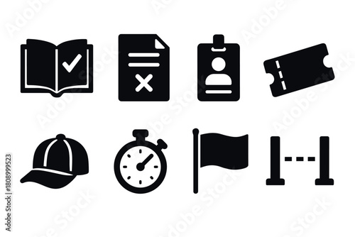 Set of simple icons: book, form, id, ticket, cap, stopwatch, flag, barrier