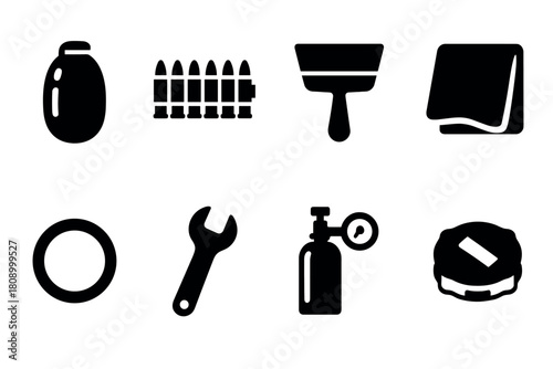 Essential tools and supplies icons set in bold silhouette style