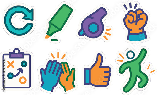 Colorful cartoon sport icon set featuring playful and motivational symbols