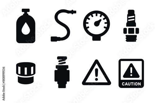 Set of iconic automotive parts and warning signs in black silhouette style