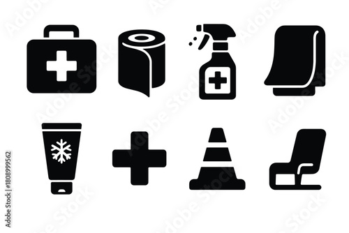 Essential hygiene and safety symbols in black silhouette style